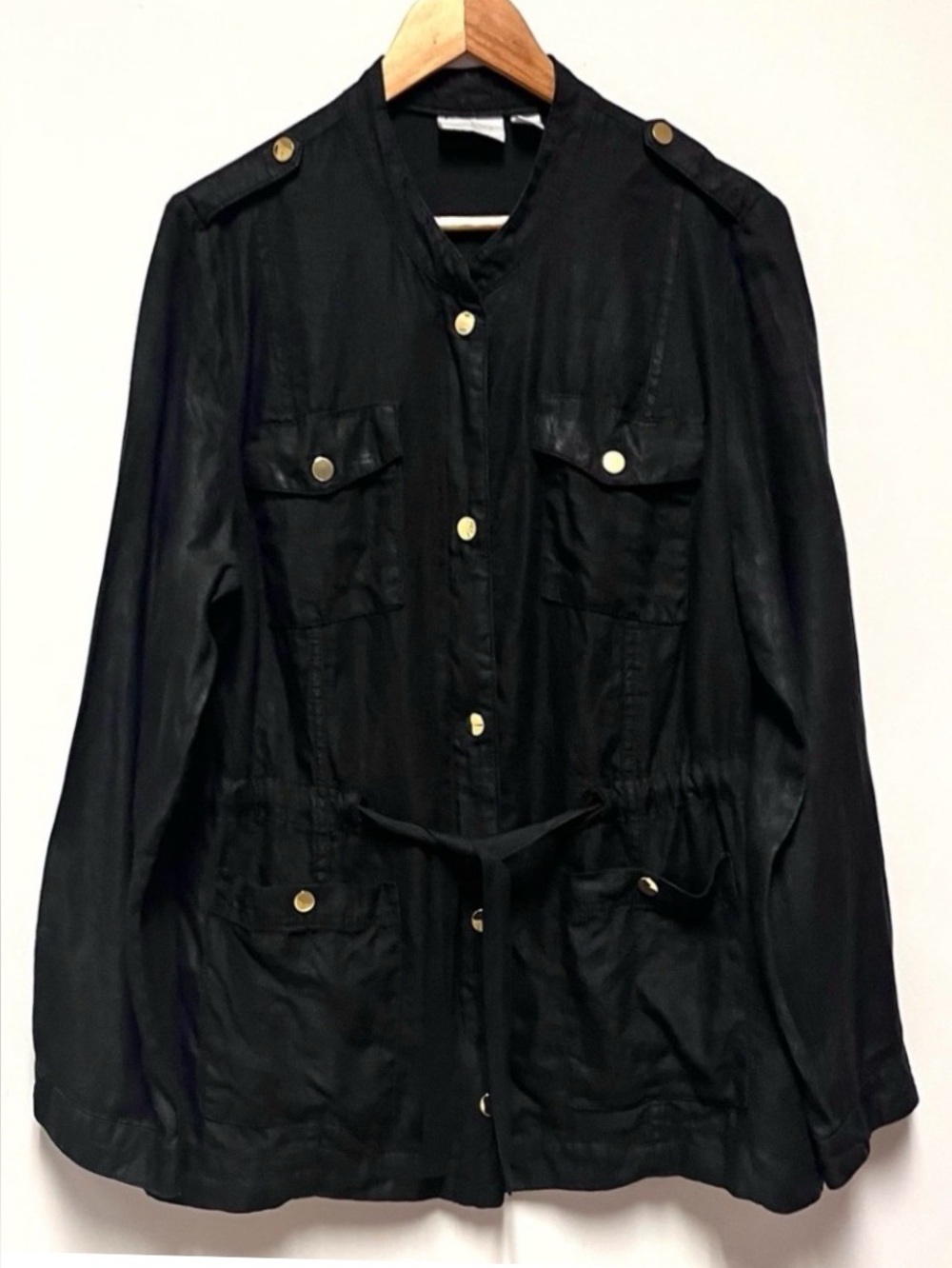 Chico’s Size 2 L 100% Linen Utility Jacket Black Gold Hardware Safari Resort